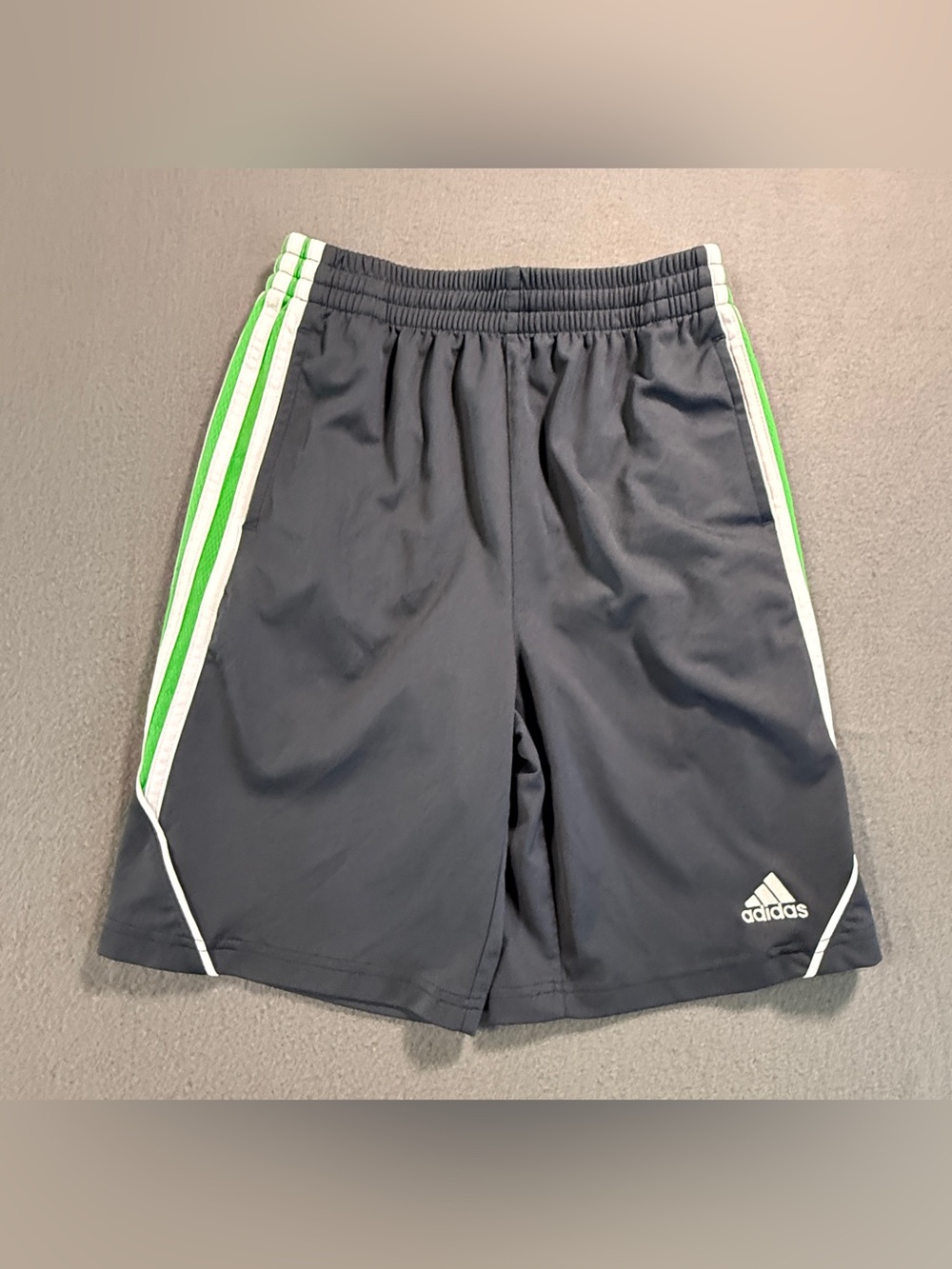 adidas Men's Dark Blue Athletic Shorts with Green & White Stripes
